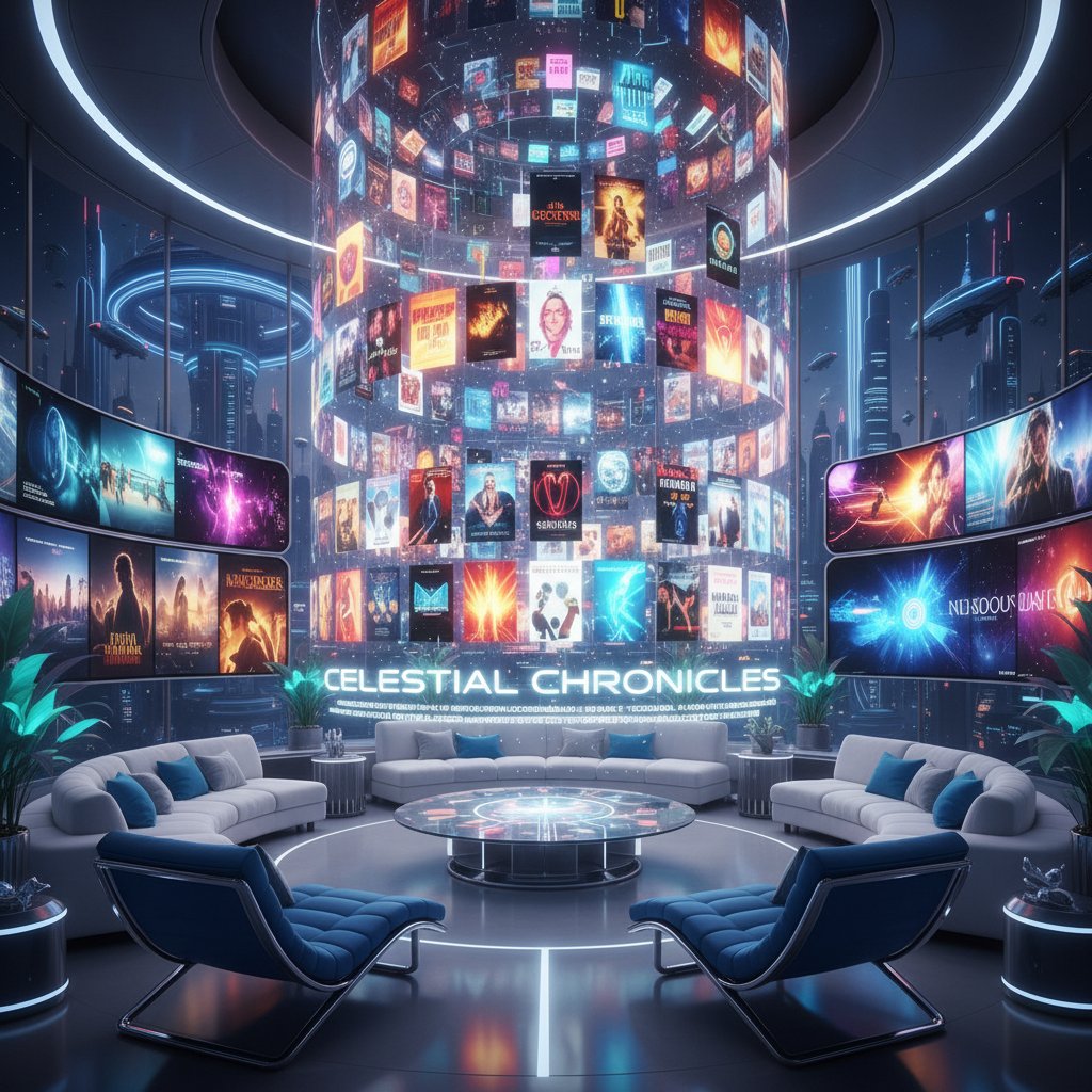 A futuristic living room lit by holographic streaming library projections, vibrant and narrative-driven, symbolizing the future of movie media