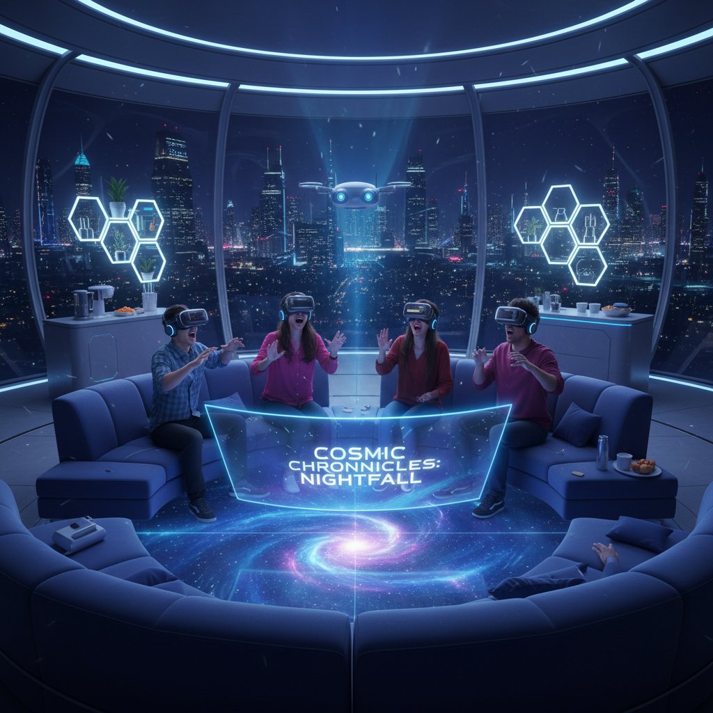 Futuristic living room with friends watching VR midnight movie, immersive tech and high-energy reactions