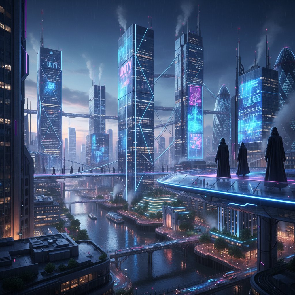 Futuristic London skyline, shadowy figures, cinematic neon, hopeful yet edgy, 16:9