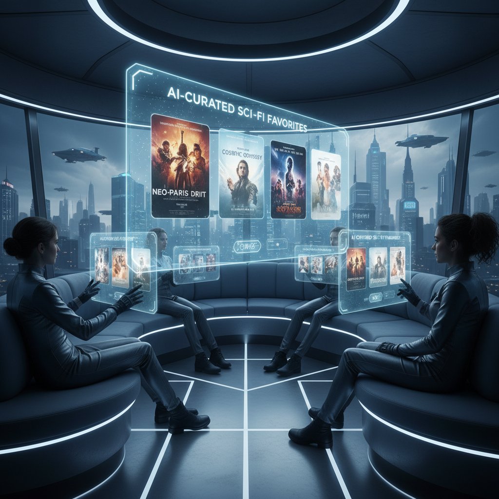A futuristic lounge where AI holograms curate movie choices for users, representing the future of AI-powered movie accommodation.