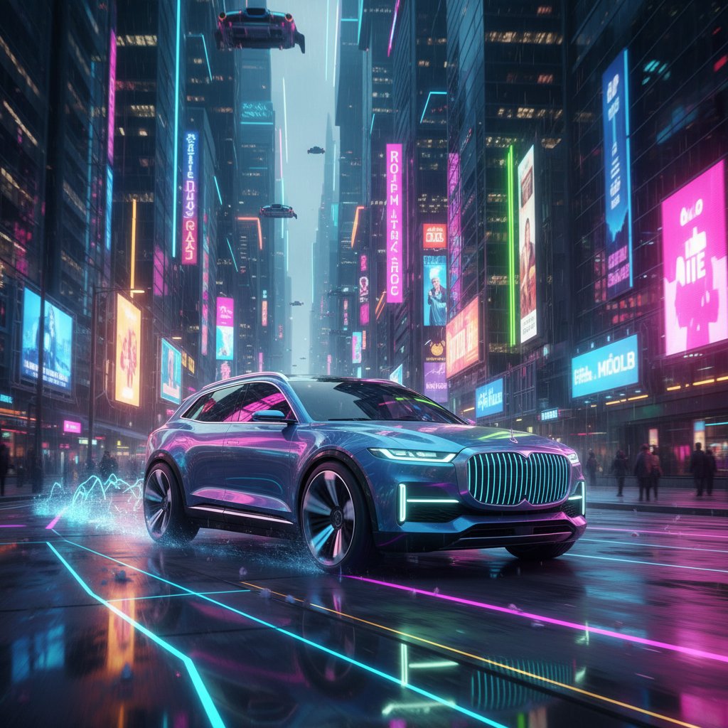 Futuristic electric luxury SUV accelerating on neon-lit city street, energetic atmosphere