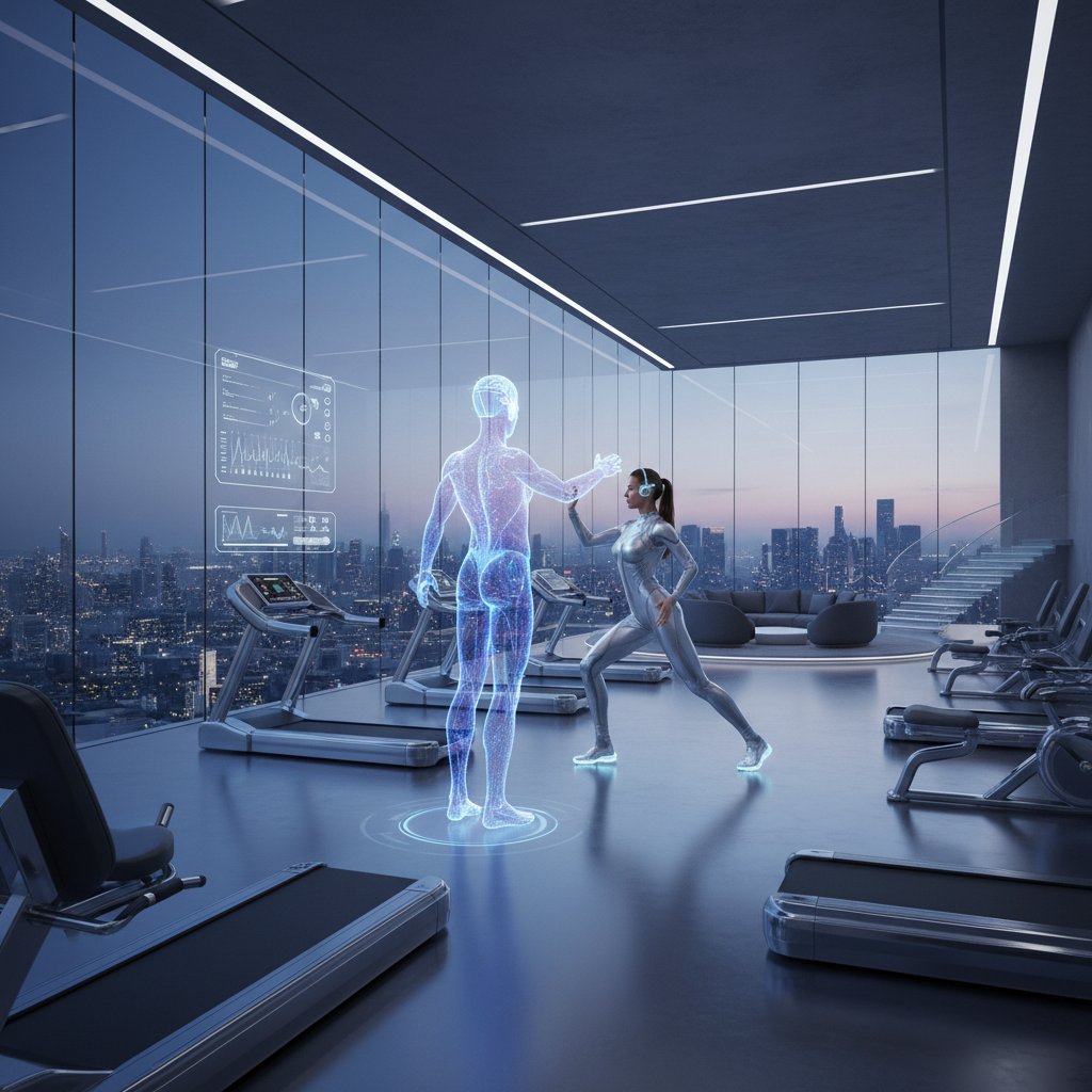 Nowoczesne studio fitness z kobietą ćwiczącą z holograficznym trenerem AI