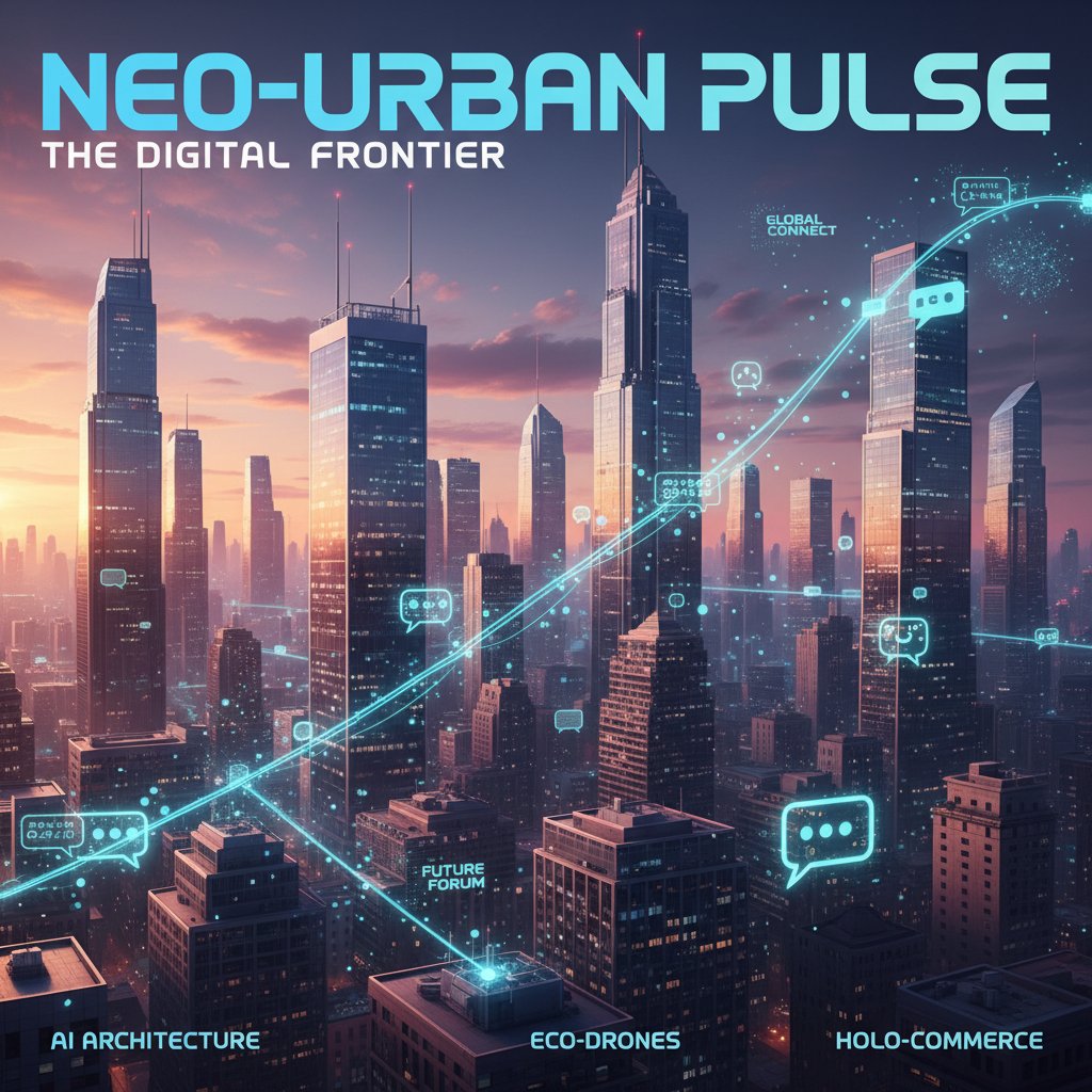 City skyline with digital chatbot icons representing future trends, AI chatbot to streamline tasks, dusk lighting