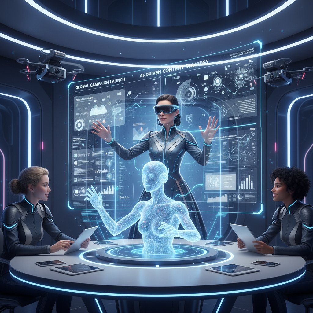 Futuristic marketer collaborates with AI interface, efficient chatbot for marketing content and creative process