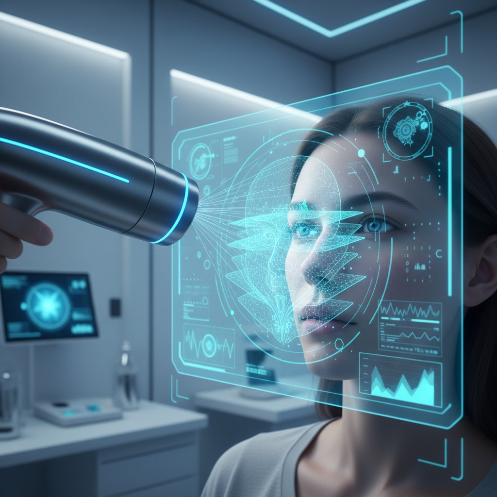 Nowoczesna technologia AI analizująca skórę twarzy, leczenie trądziku różowatego