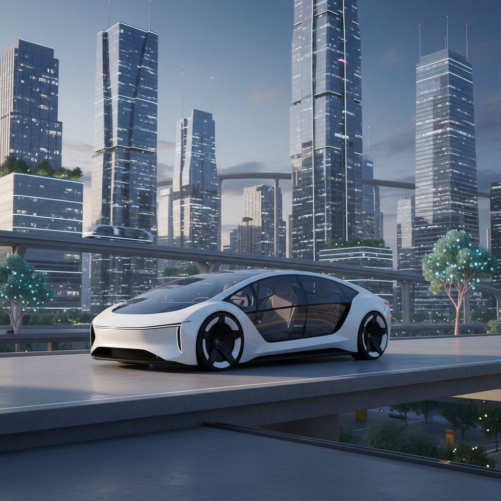 Futuristic minimalist electric car in urban setting, clean lines, cityscape background, emphasizing simplicity