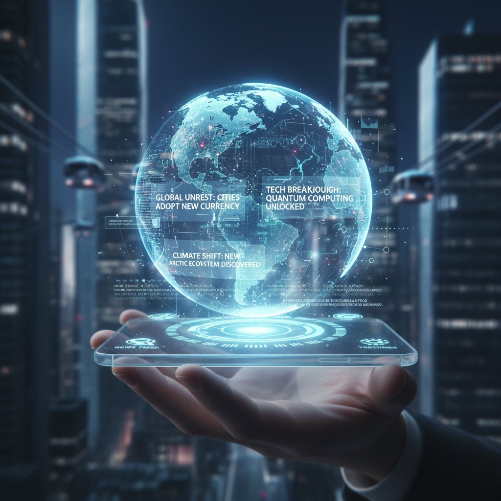 Futuristic mobile app interface, dynamic real-time news, holographic effects. Alt: Next-gen instant news app visualization.