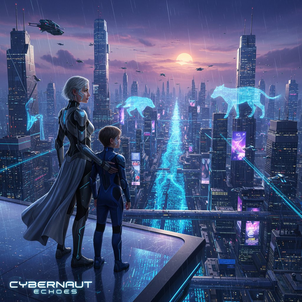 Futuristic mother and son in digital city, sci-fi movie setting, movie mother son movies