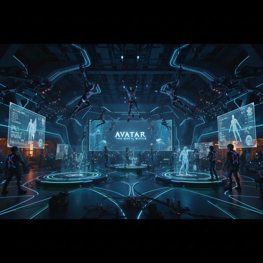 Futuristic motion-capture film set for Avatar sequels, high anticipation, 16:9 format