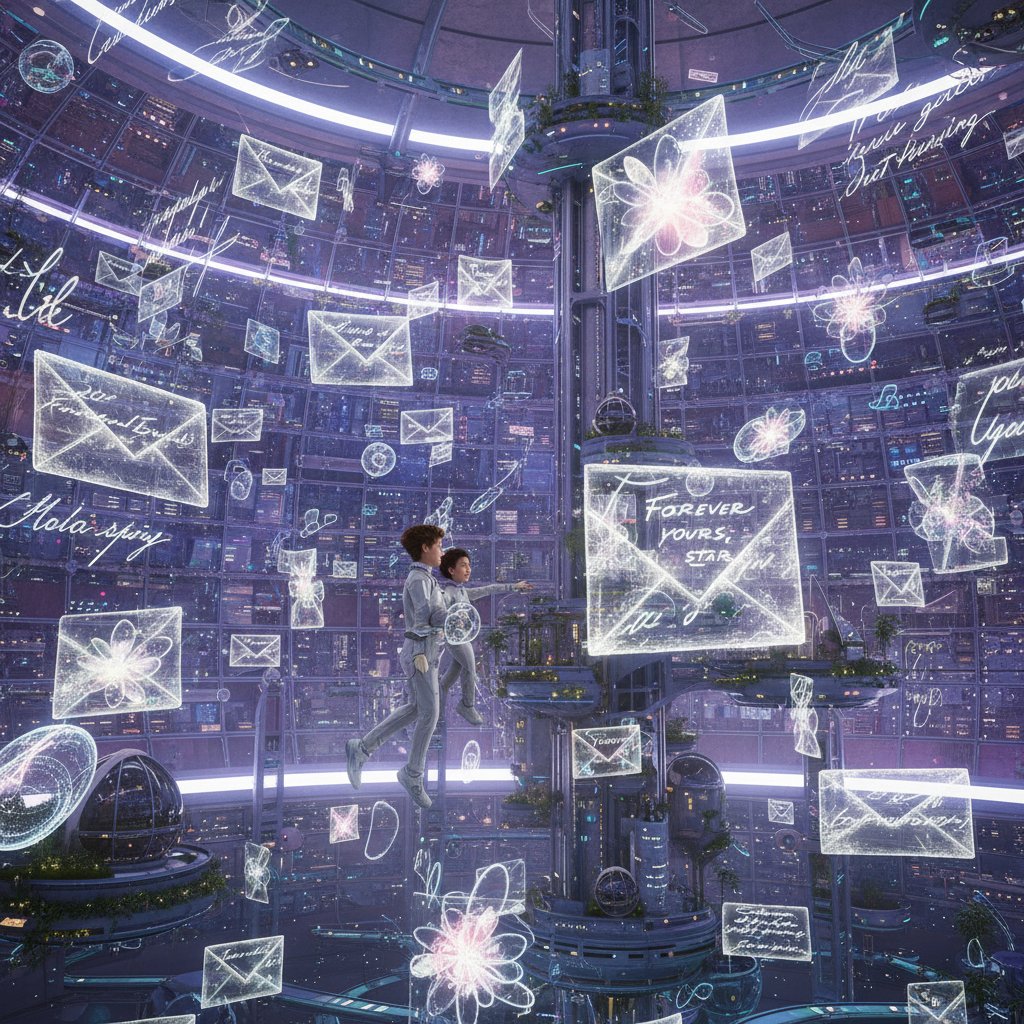 Futuristic movie scene with floating holographic love letters