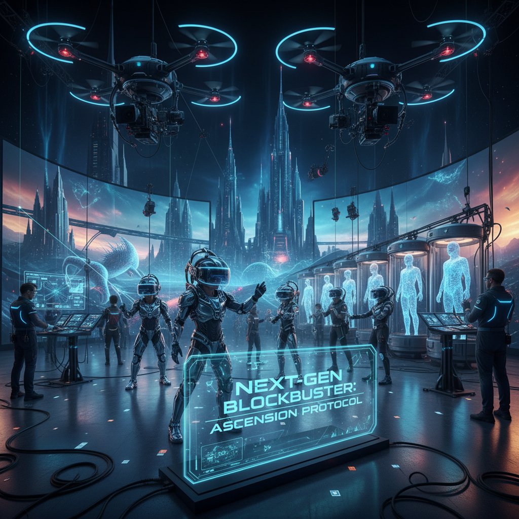 Futuristic movie set with drones, VR rigs, digital actors, visionary disruptive mood, next-gen blockbuster production