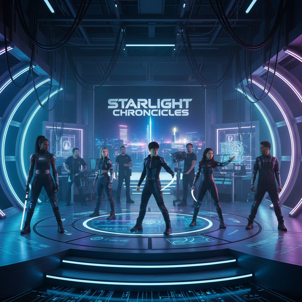 The future of YA movies being filmed on a futuristic set, diverse cast, neon accents, and AR elements