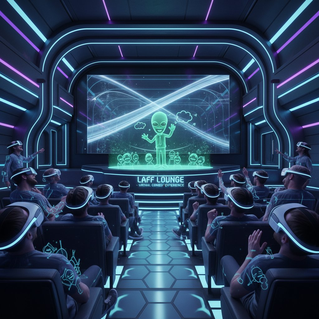 Futuristic movie theater, audience wearing VR headsets, laughing at a virtual comedy scene