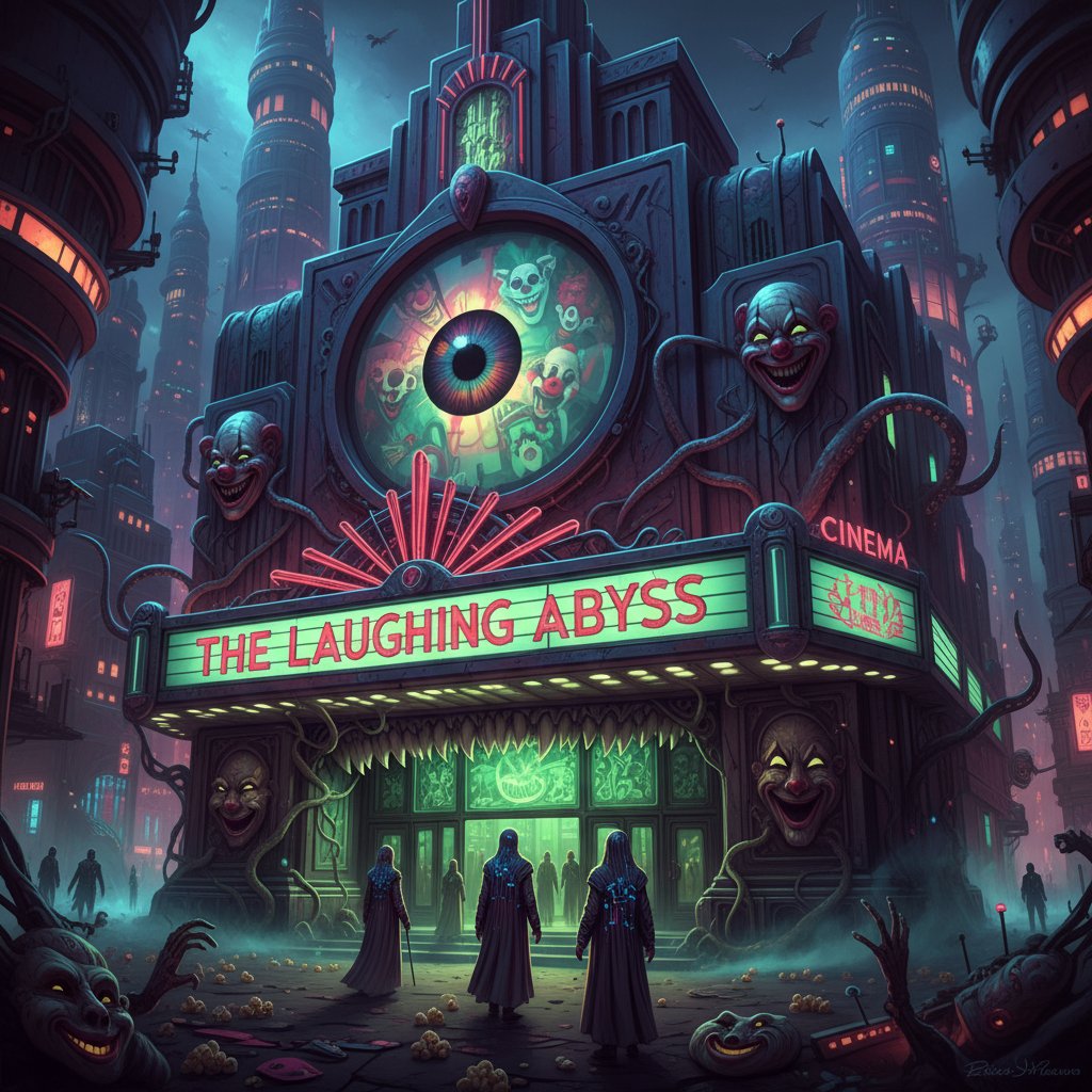 Futuristic movie theater with dreamlike, surreal design, hinting at the next evolution of nightmare comedy cinema