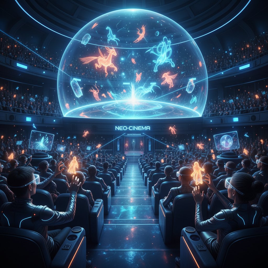 Audience watching a 3D film with holographic effects