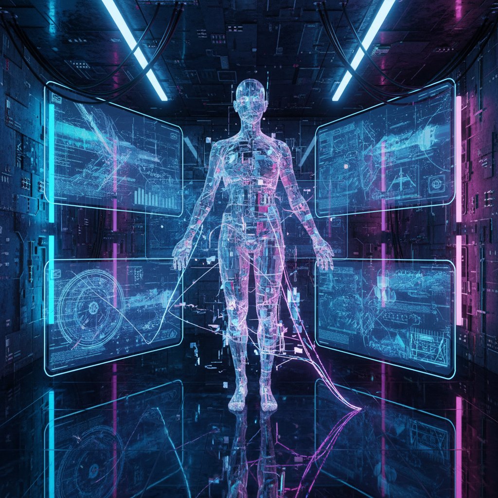 Człowiek podzielony między wiele ekranów w nowoczesnym otoczeniu