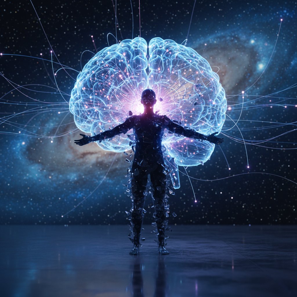 Wizualizacja połączenia ludzkiego umysłu z technologią AI, futurystyczna sieć neuronowa na sylwetce człowieka