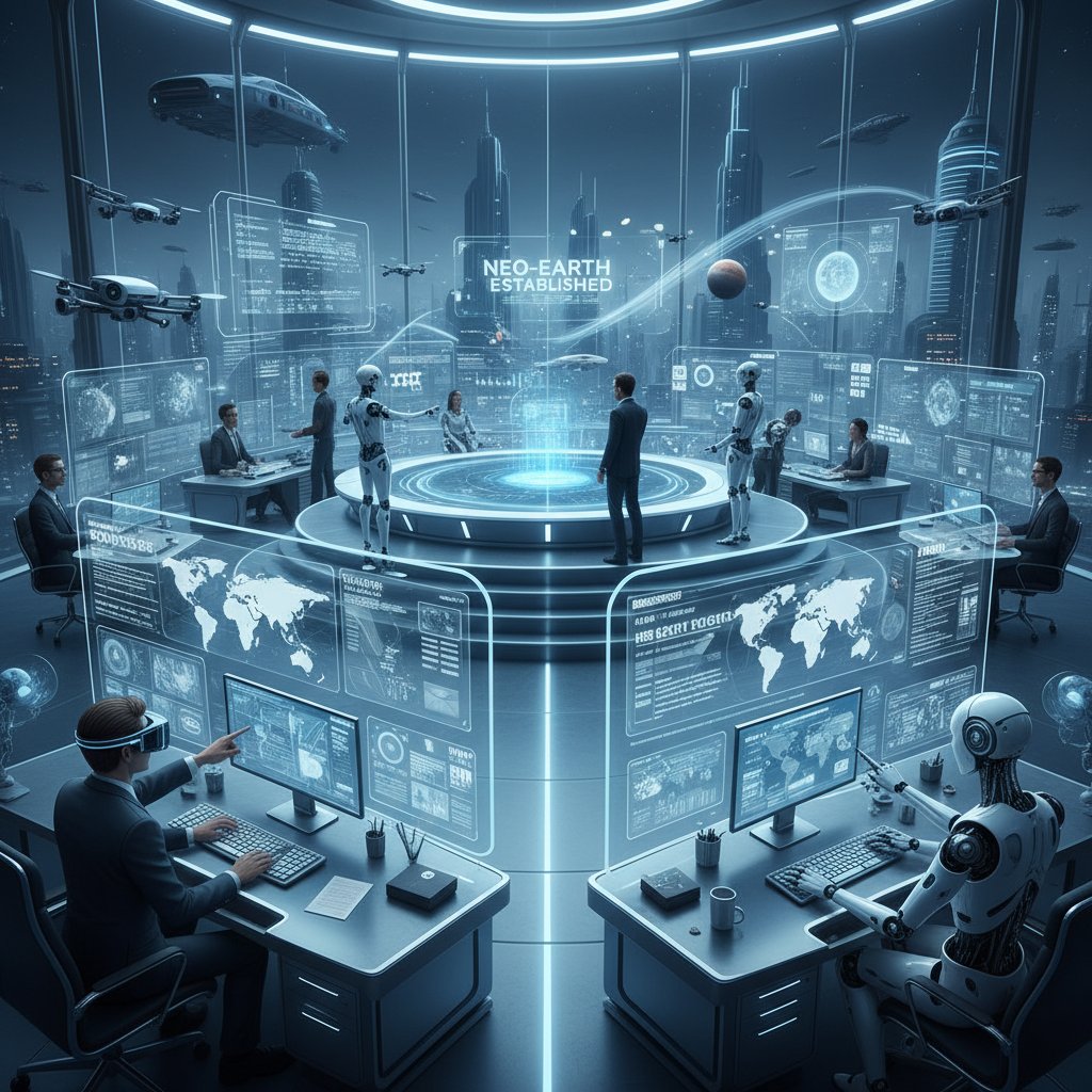 Futuristic digital newsroom with humans and multi-modal AI agents collaborating on immersive content