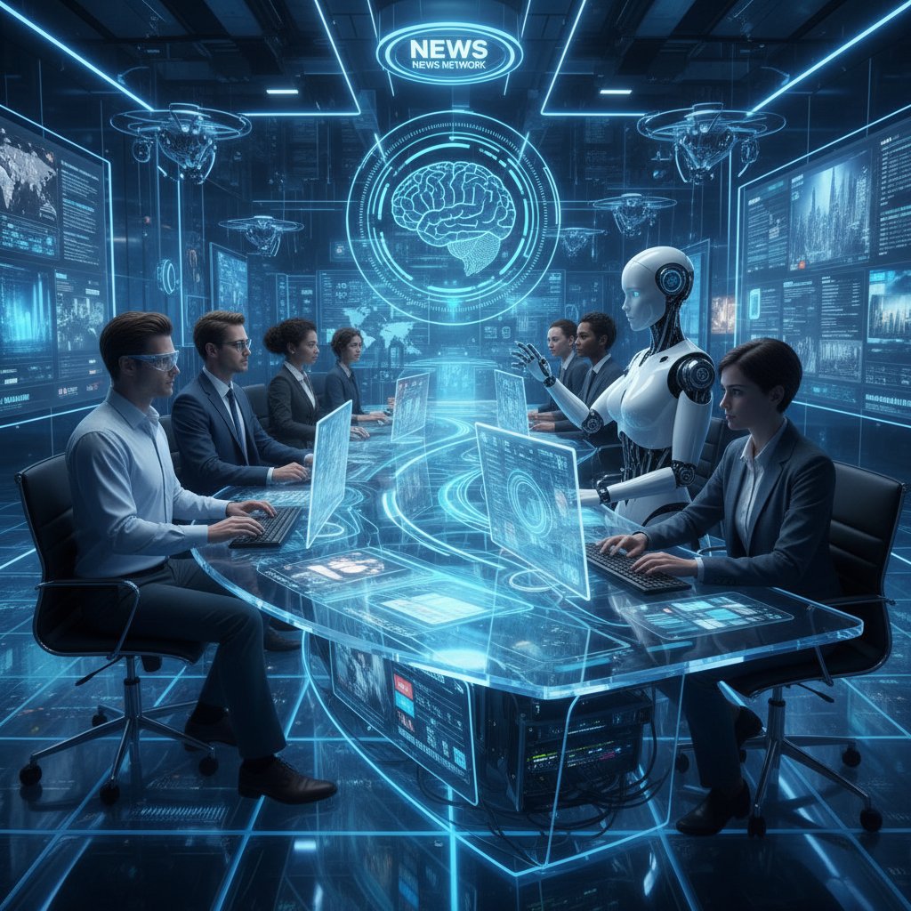 Futuristic photo of blurred line between human and AI support teams in a newsroom control room