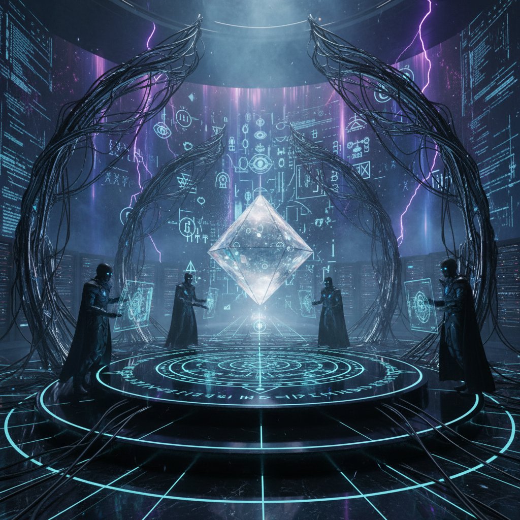 Future occult cinema visual showing a movie set with AI, neon lights, and mystic symbols