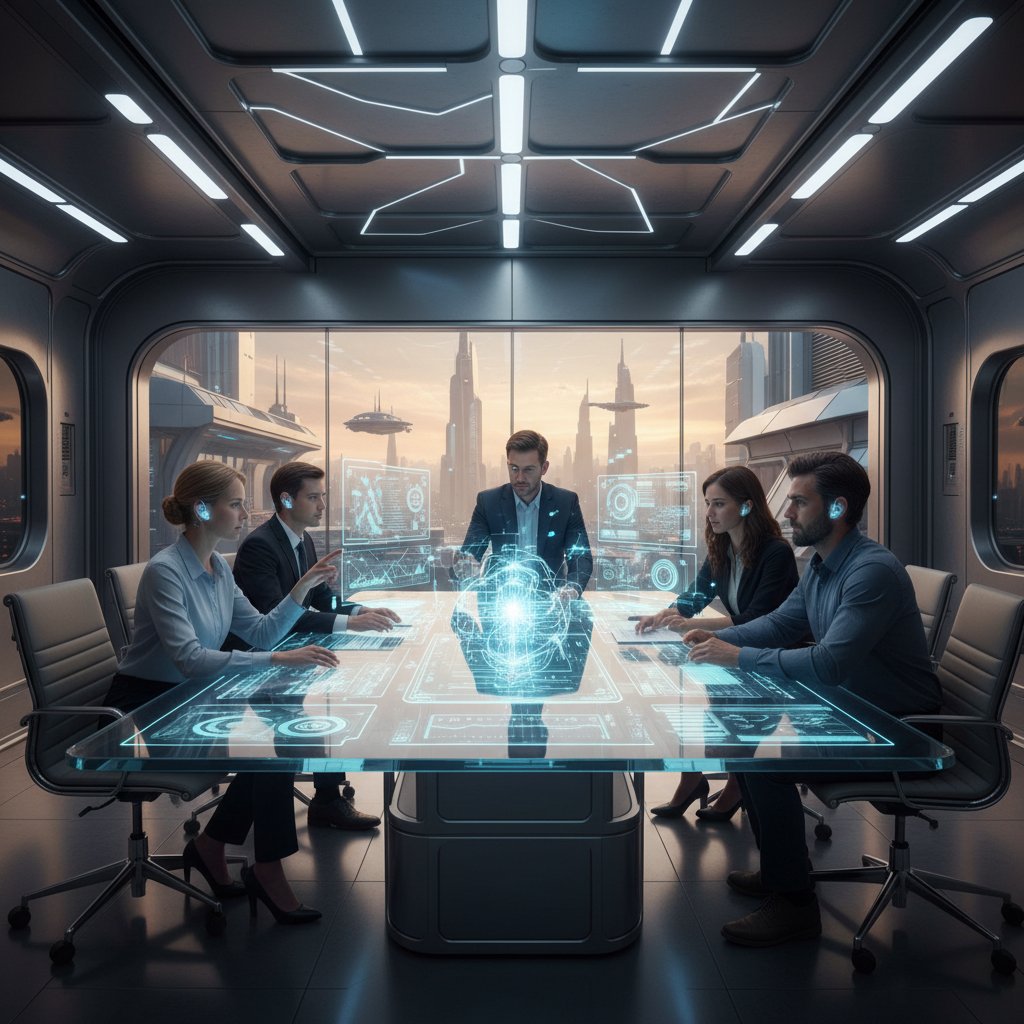 Nowoczesne biuro z AI, zespół planujący przy cyfrowym stole – przyszłość strategii biznesowych