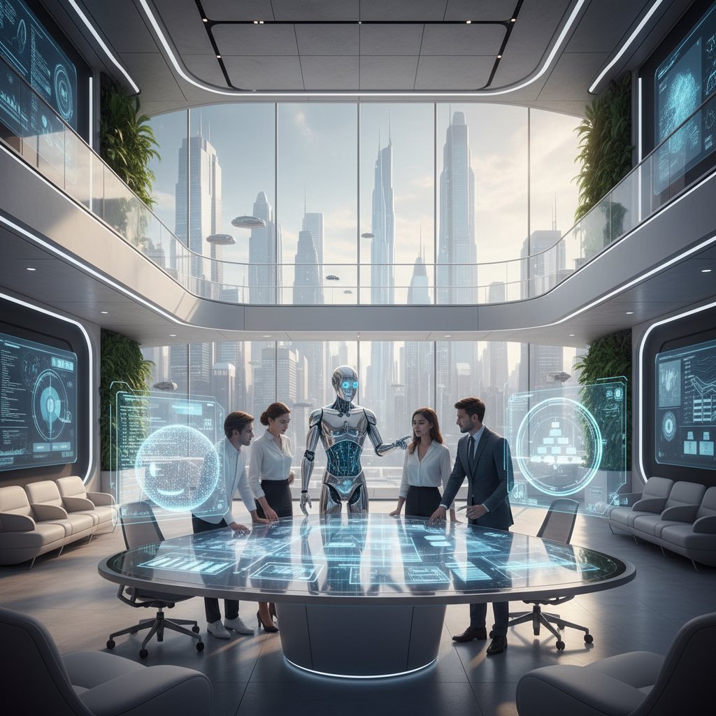 Team collaborating with an AI-powered digital coworker in a futuristic office, representing AI in work management and employee productivity