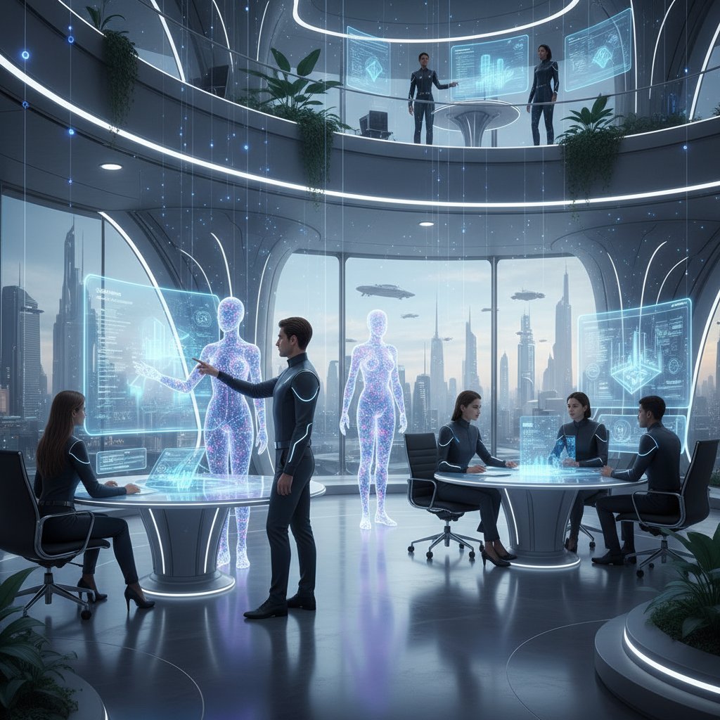 Futurystyczne biuro, awatary AI i ludzie współpracujący, rekrutacja przyszłości