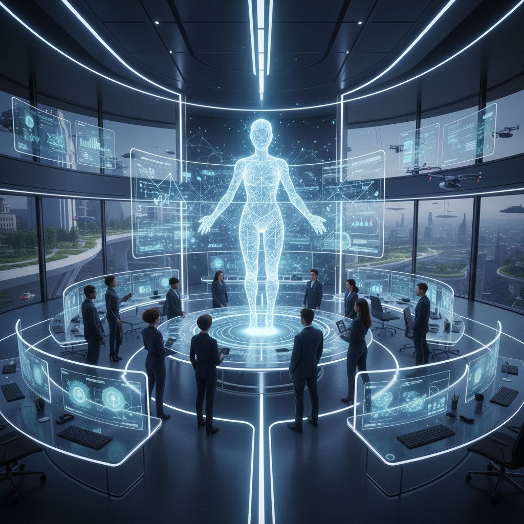Photo of a futuristic office with AI holograms collaborating with people, symbolizing the future of AI in big data