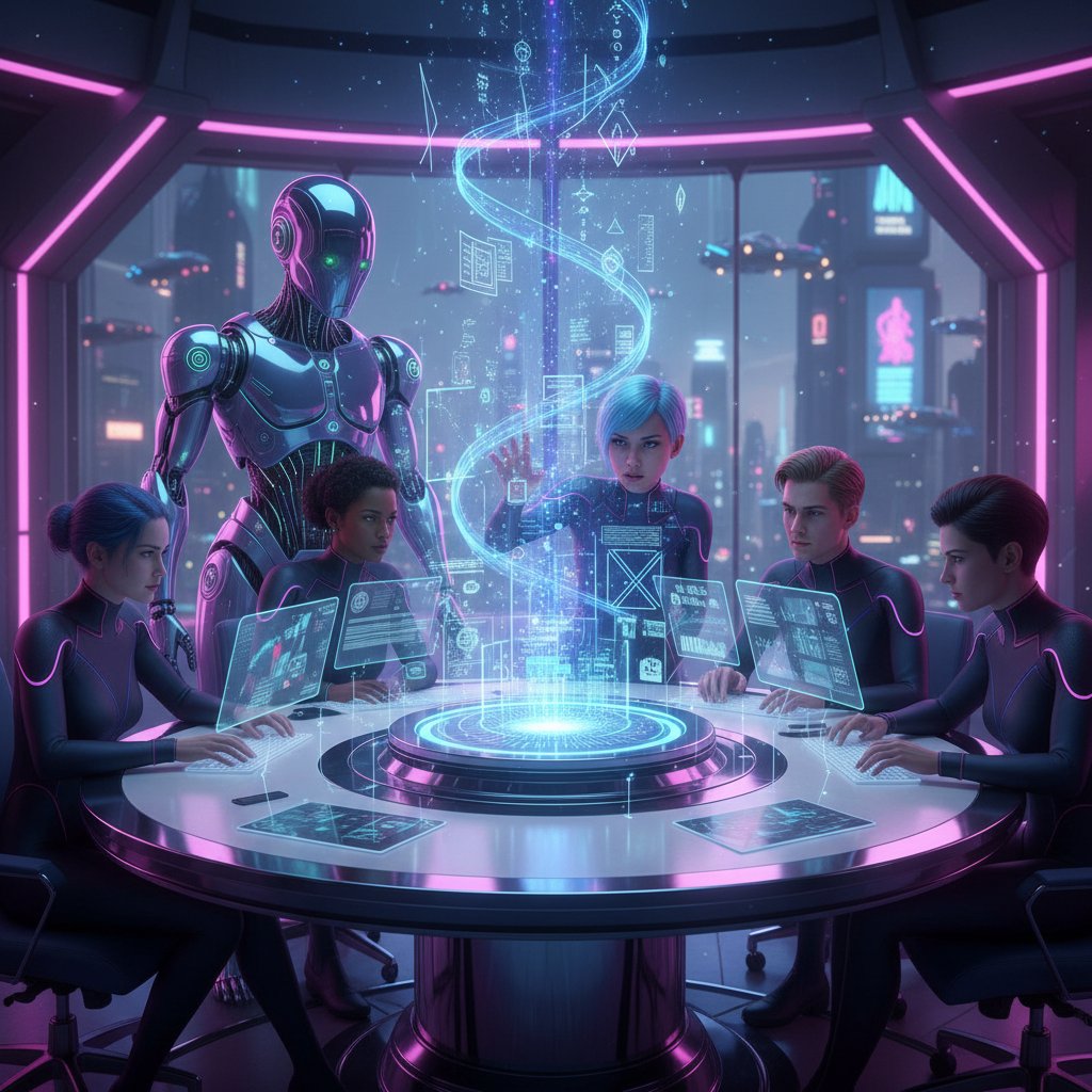 Futuristic office with humans and AI presence collaborating at a table, holographic data, neon accents, intense focus