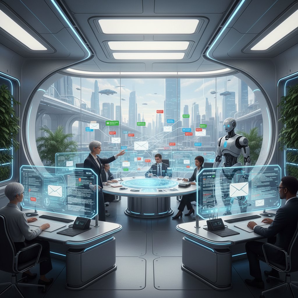Nowoczesne biuro z dużym ekranem, na którym AI zarządza skrzynką email kilku pracowników jednocześnie