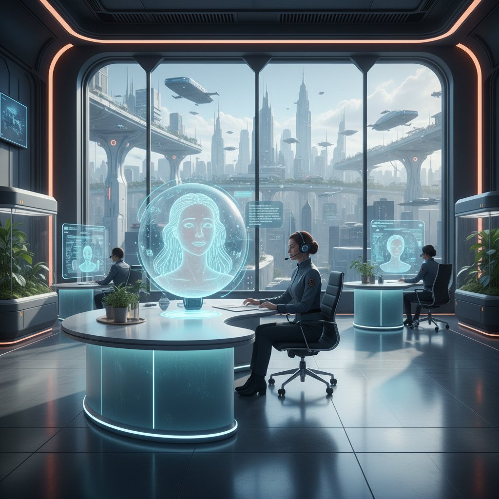Futurystyczne biuro z AI prowadzącą empatyczną rozmowę z klientem
