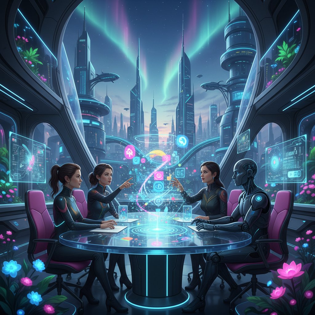 Futuristic office where AI and humans brainstorm as equals, illustrating the next wave of AI coworker evolution