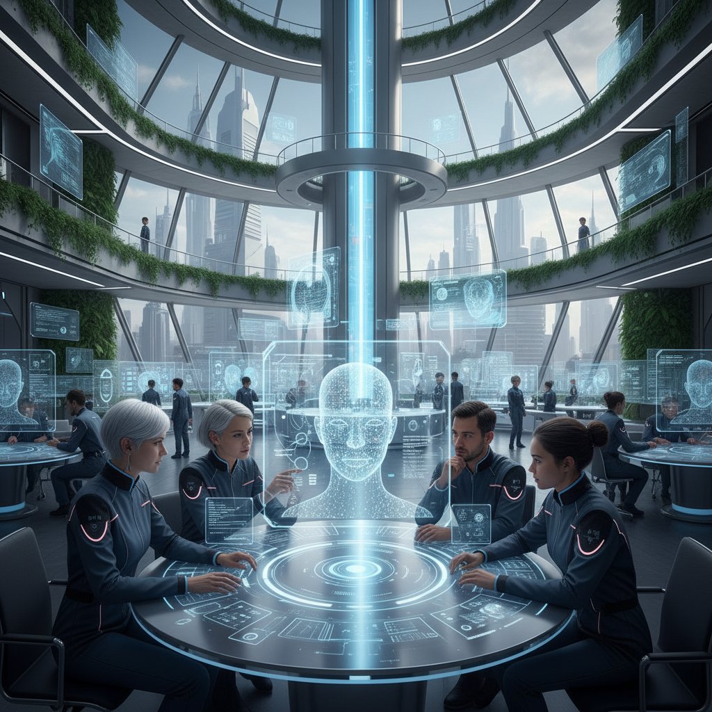 Biuro AI przyszłości, grupa specjalistów dyskutujących nad rozwojem symulatorów osobowości, futurystyczne ekrany i dane