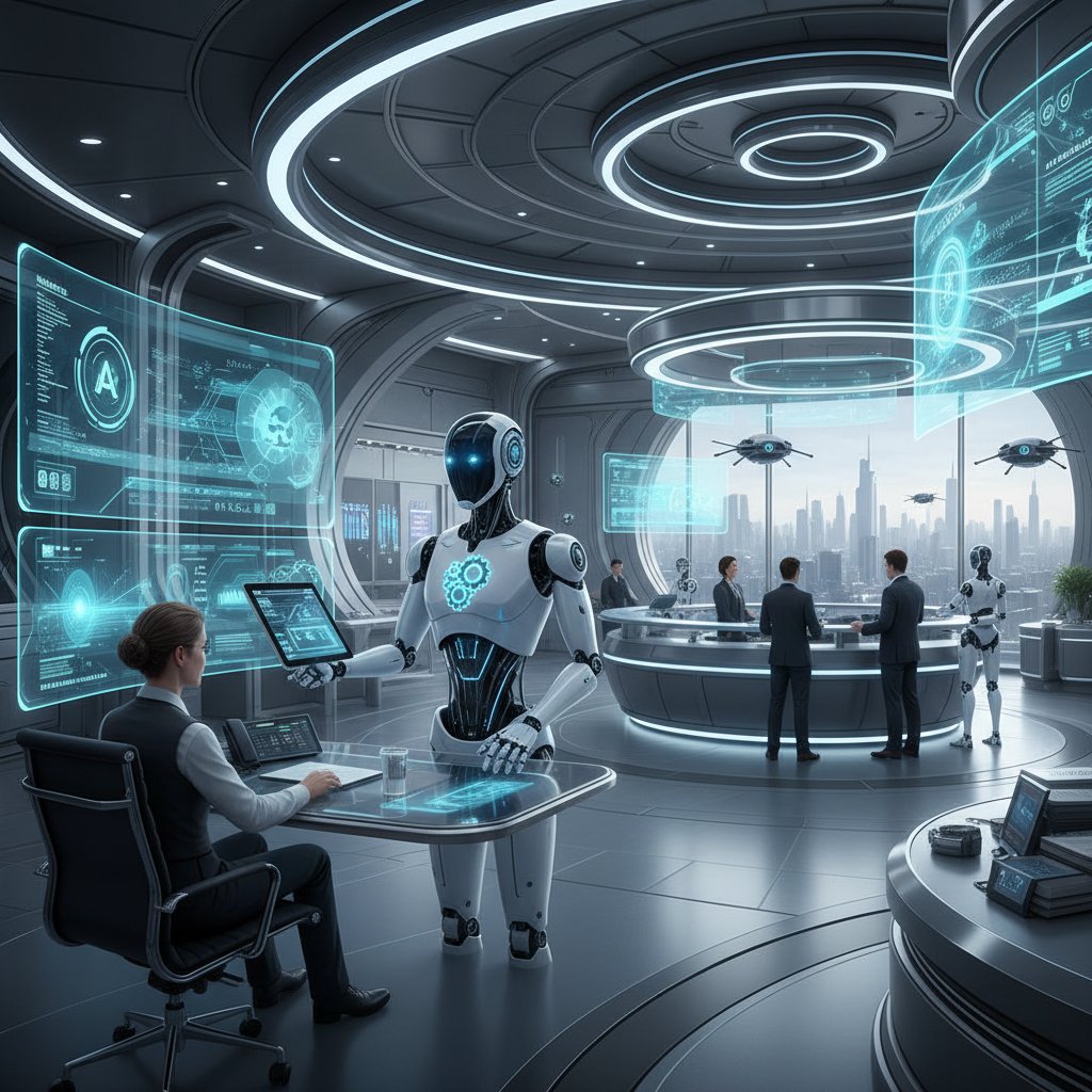 Futuristic enterprise help desk scene with holographic AI teammates