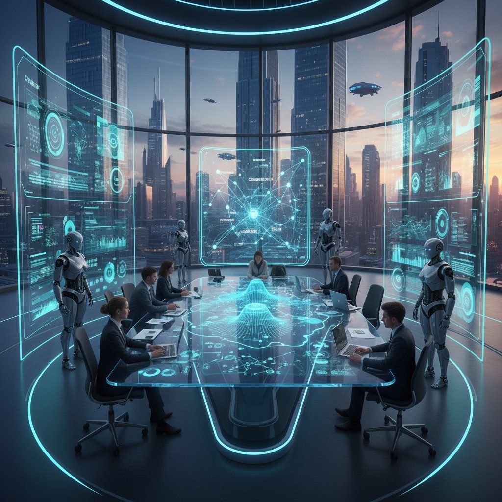 Nowoczesne biuro z futurystyczną technologią AI, marketerzy analizujący dynamiczne wyniki kampanii