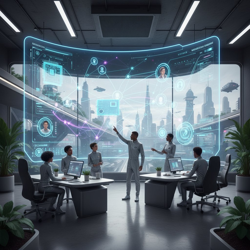 Futuristic office photo with a glowing AI interface representing an intelligent workflow organizer, team members collaborating seamlessly