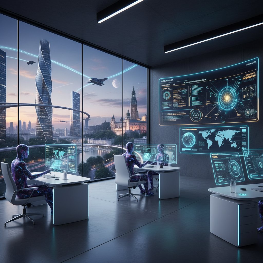 Rekruter korzystający z panelu AI, awatary cyfrowe, polski krajobraz miejski za oknem, rekrutacja