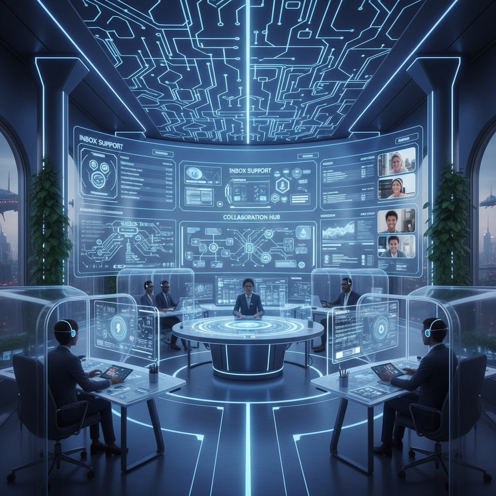 Visionary futuristic office with seamless digital collaboration and advanced inbox support tools