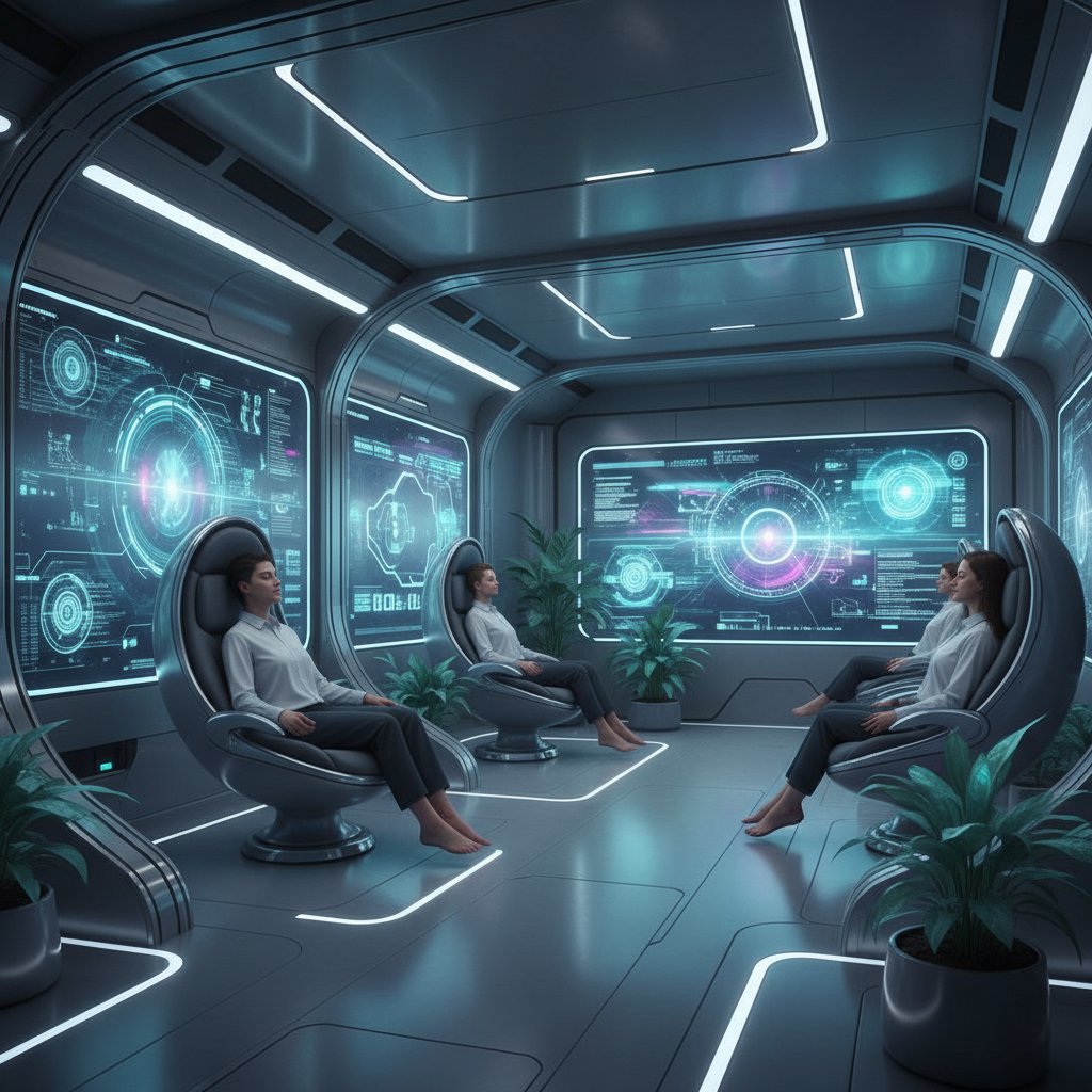 Futurystyczne biuro, cyfrowe ekrany, ludzie medytujący, chłodne kolory