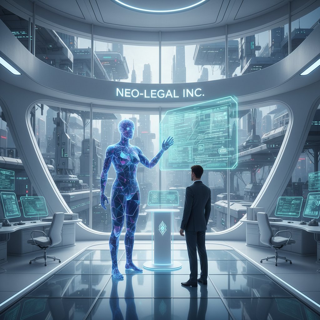 Futuristic office, holographic contract assistant in use.