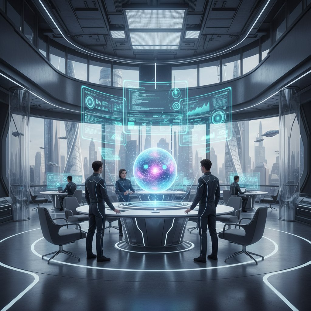 Nowoczesne biuro z holograficznym narzędziem do zarządzania czasem