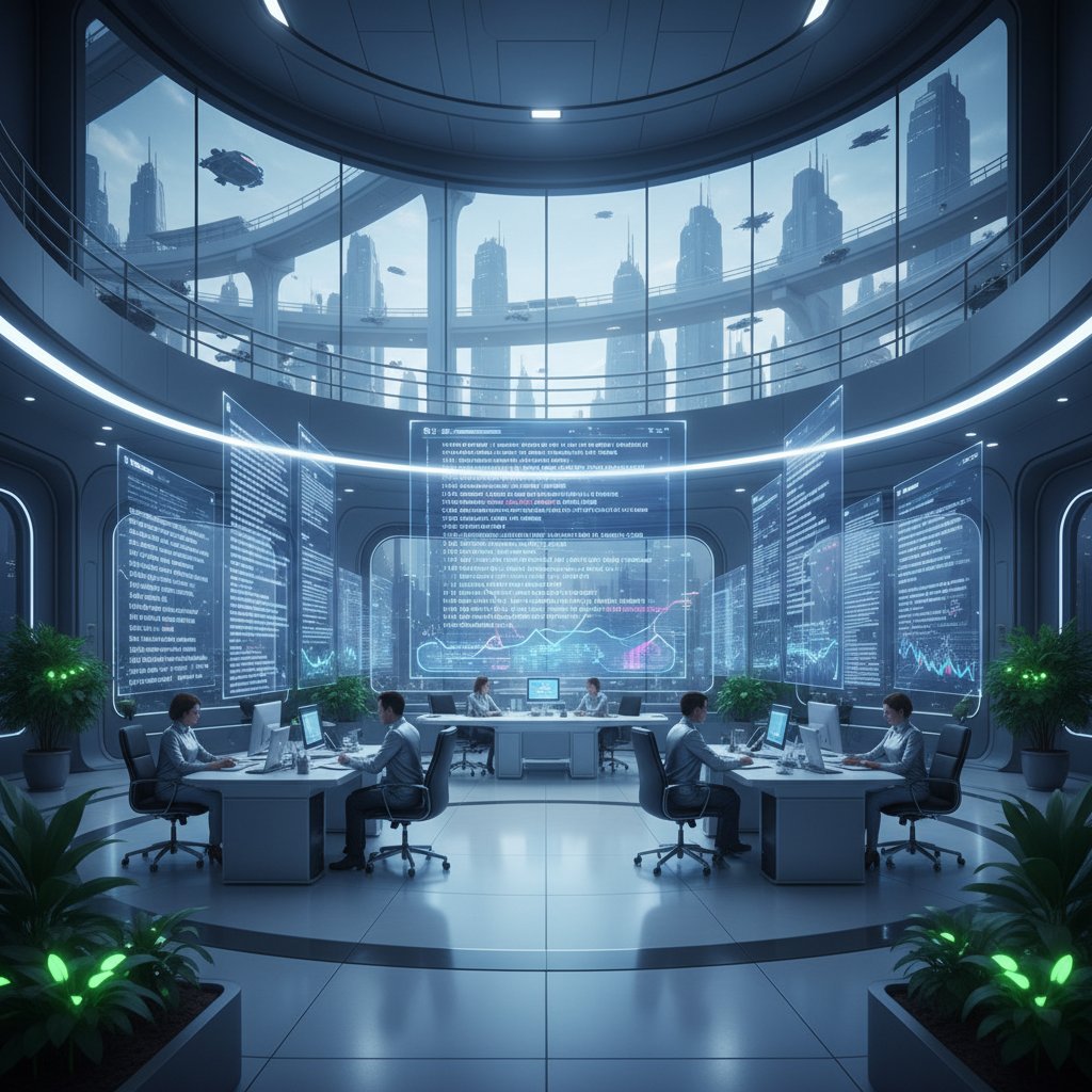 Futurystyczne biuro z asystentami głosowymi i holograficznymi transkryptami podcastów biznesowych