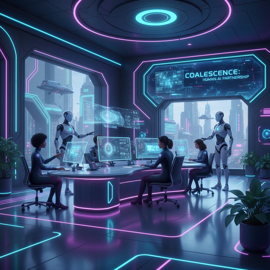 Współpraca człowieka z AI przy planowaniu zadań – futurystyczne biuro z awatarami AI i ludźmi