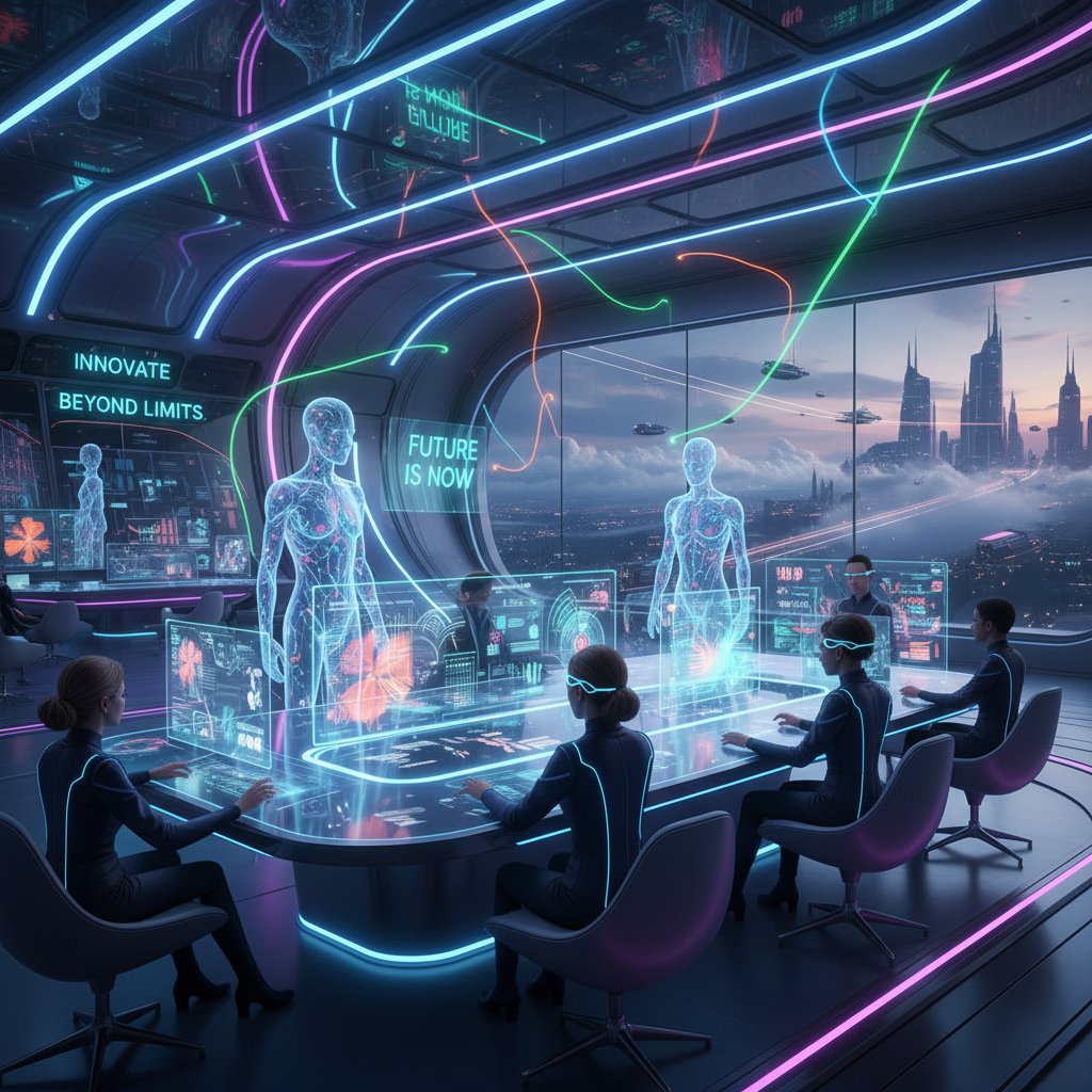 Visionary AI-human collaboration in the workplace with humans and AI holograms brainstorming together