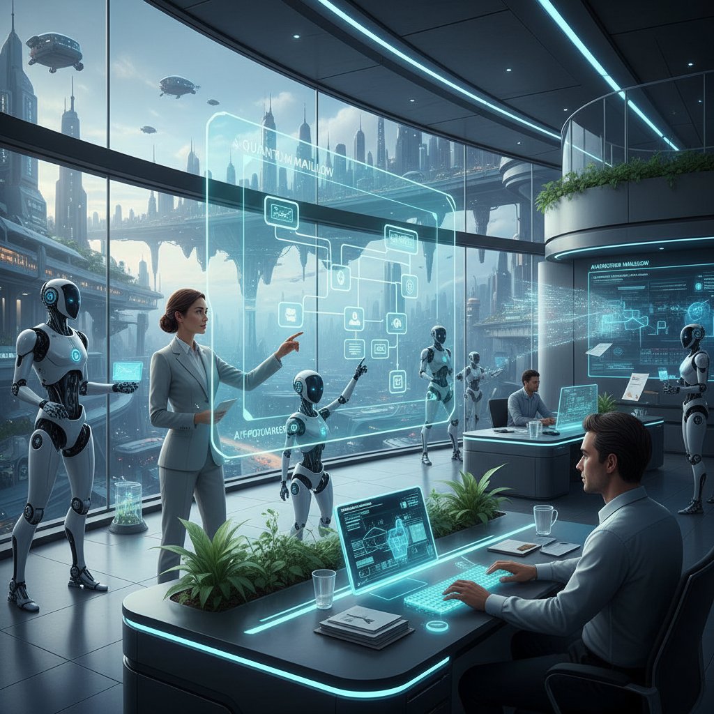 Futuristic office with humans and AI collaborating seamlessly, symbolizing the future of email customer interaction automation