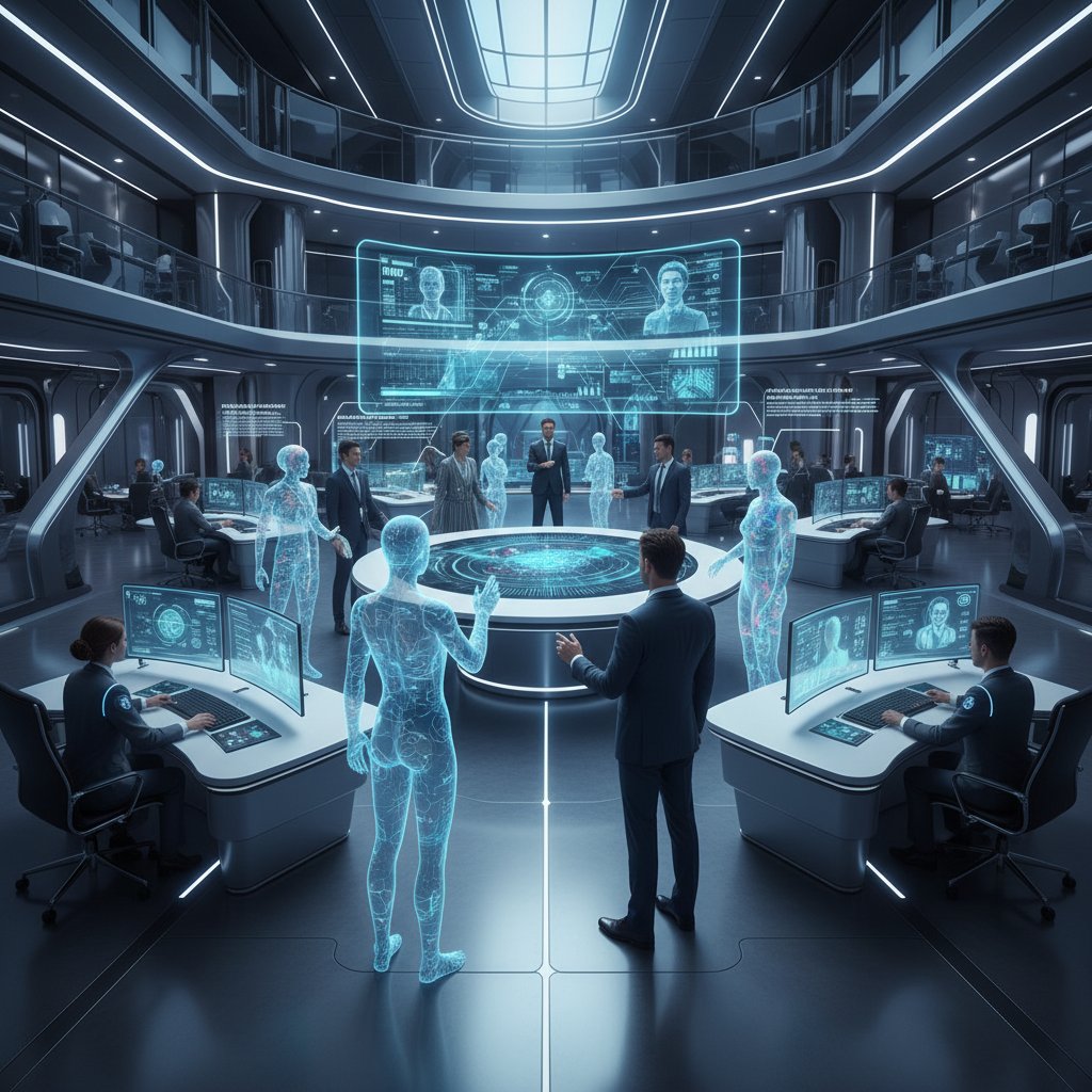 Teamwork between humans and AI communication assistants in a modern workspace, showing digital avatars and professionals collaborating