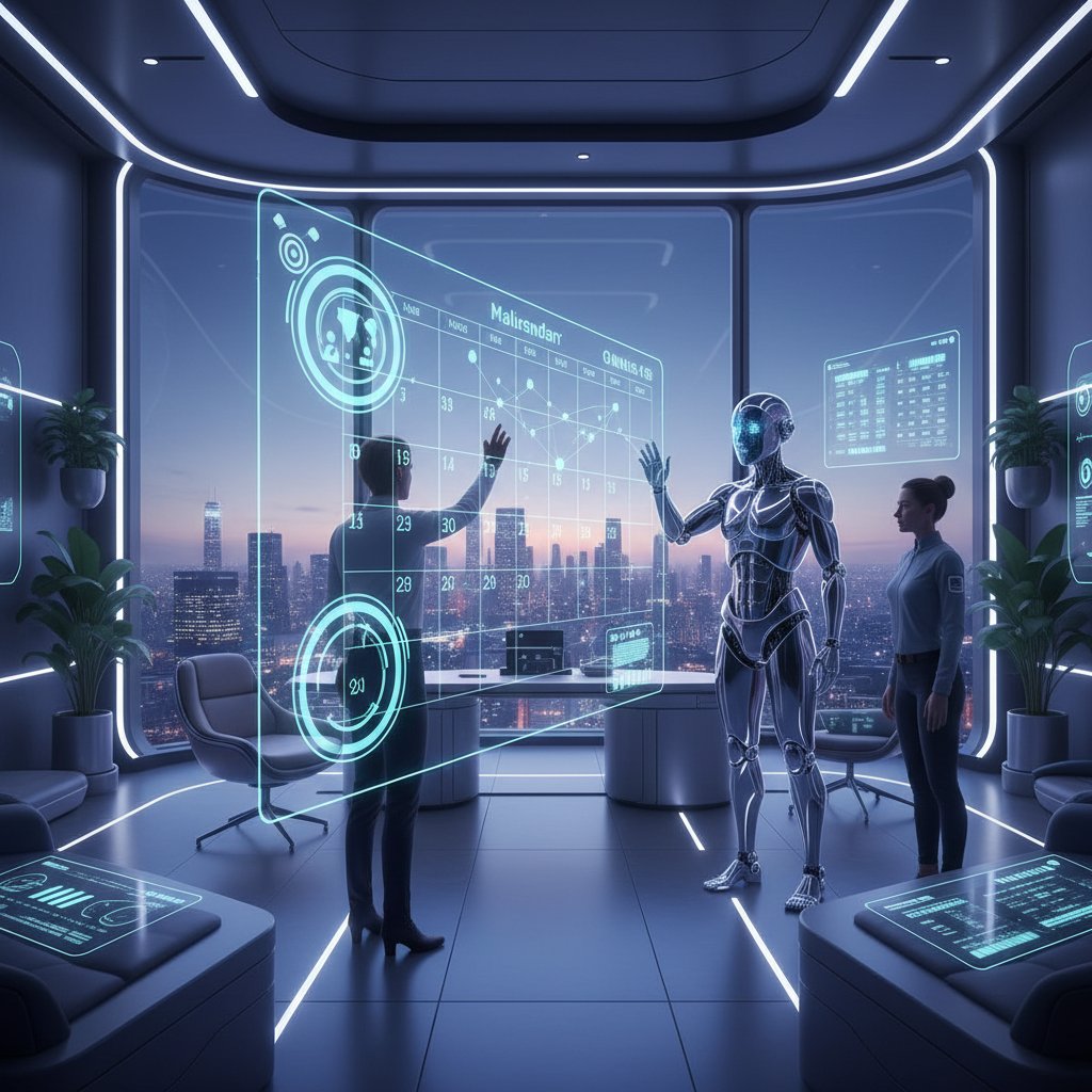 Nowoczesne biuro przyszłości z interaktywnymi wyświetlaczami kalendarzy i AI