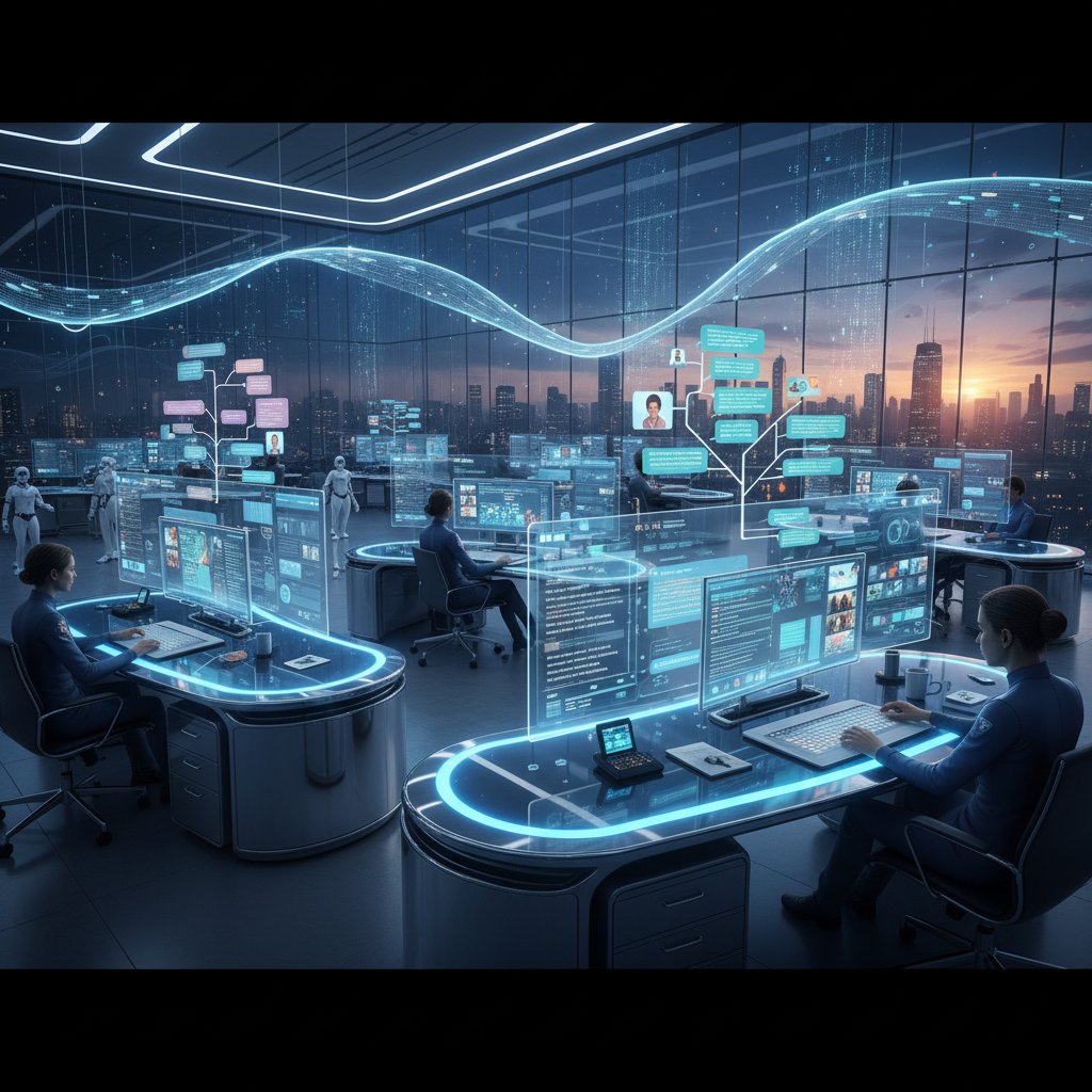 Modern workspace blending email and chat tools, futuristic office with various devices