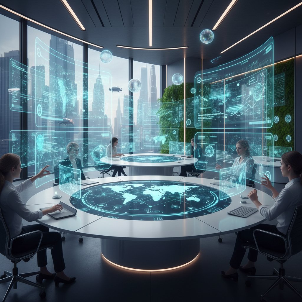 Futuristic digital workspace with minimal email clutter, Alt: Futuristic office with streamlined digital communication