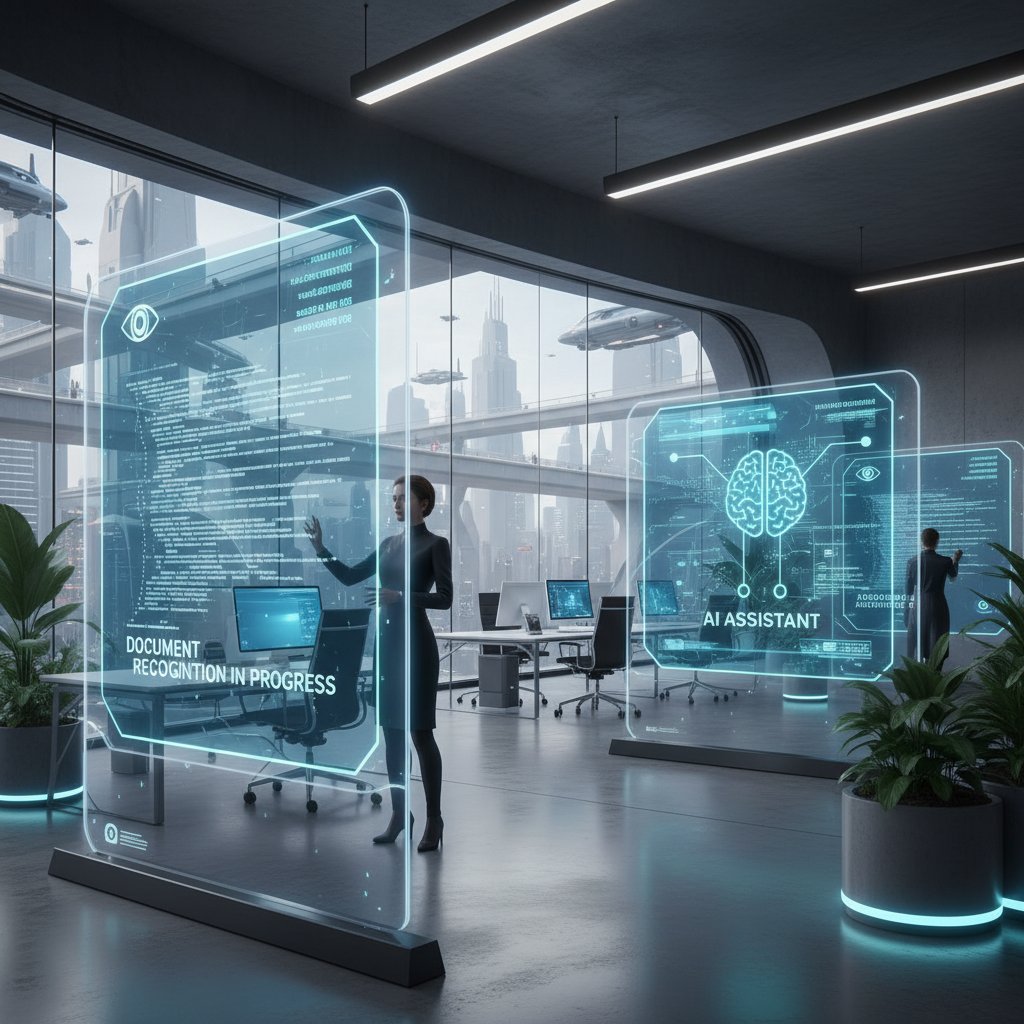 Futuristic office with transparent screens showing AI-powered document recognition in action